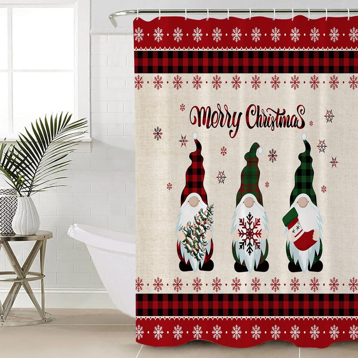 Merry Christmas Gnome Snowflake Shower Curtain Red Black Buffalo Plaid