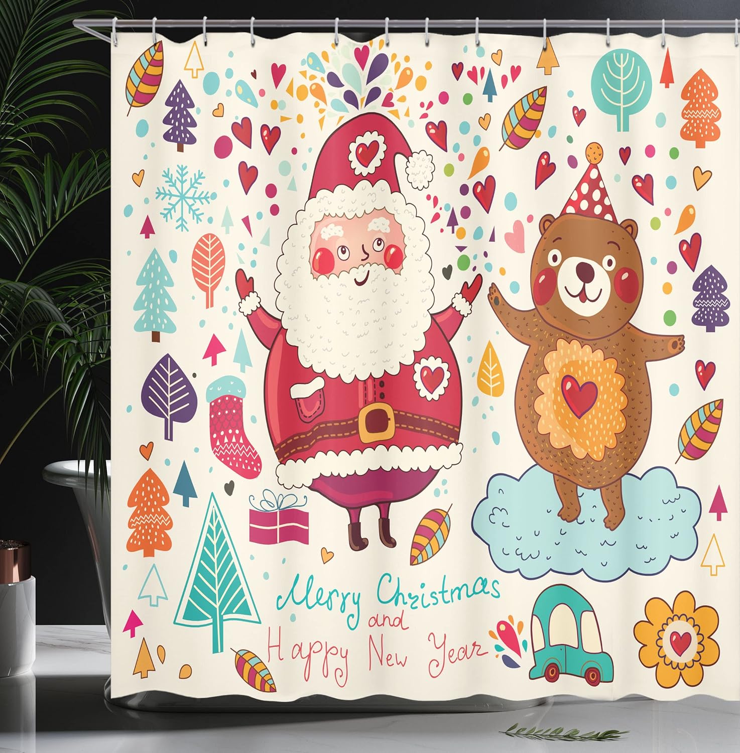 Santa and Teddy Bear Christmas Shower Curtain