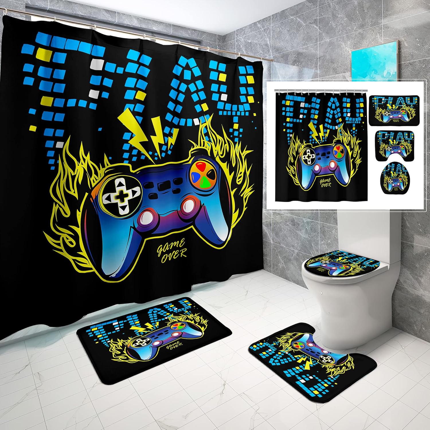 Game-Themed 4-Piece Gaming Shower Curtain Set for Kids