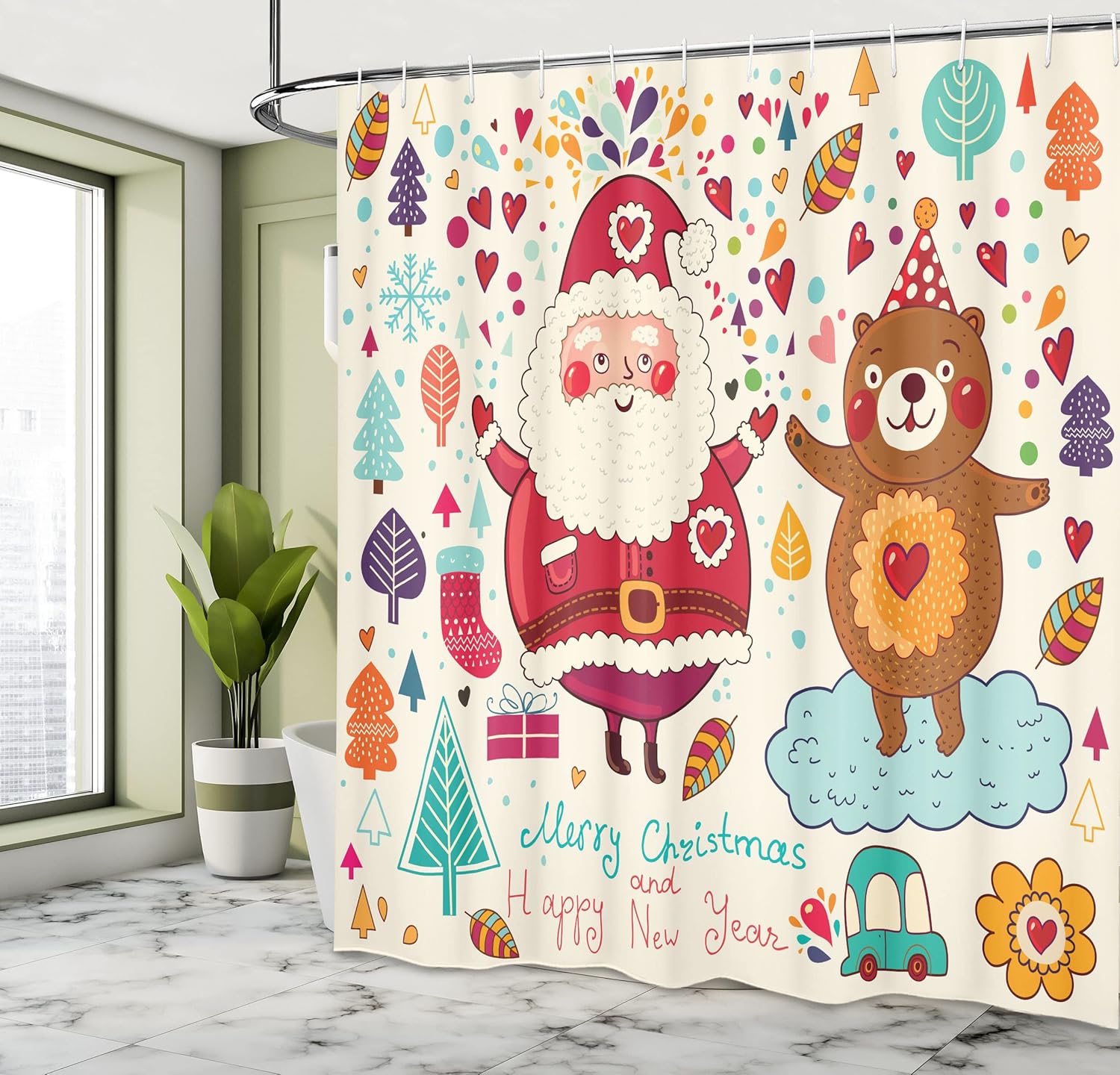 Santa and Teddy Bear Christmas Shower Curtain