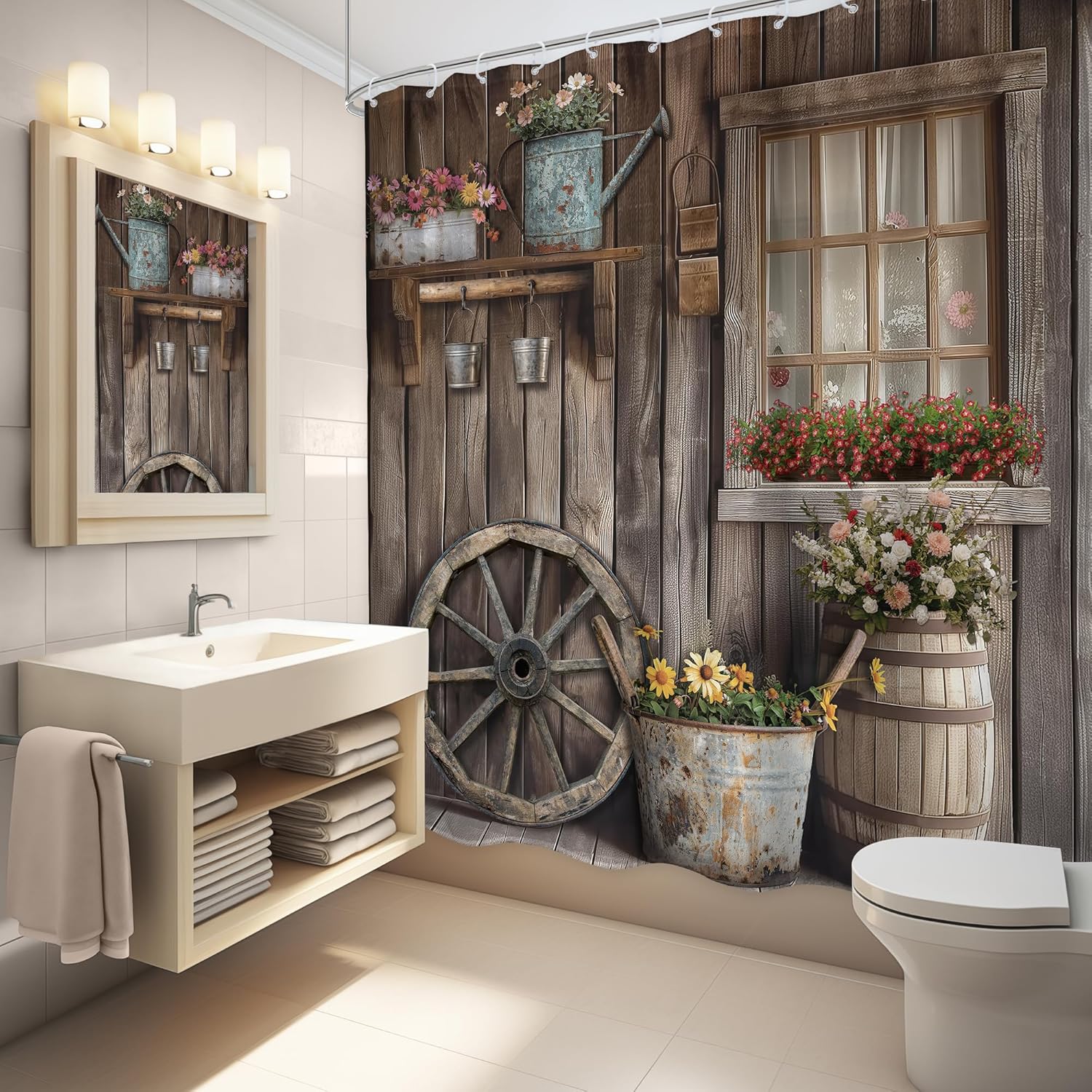 Seven-Piece Western Rustic Barn Door Shower Curtain Set