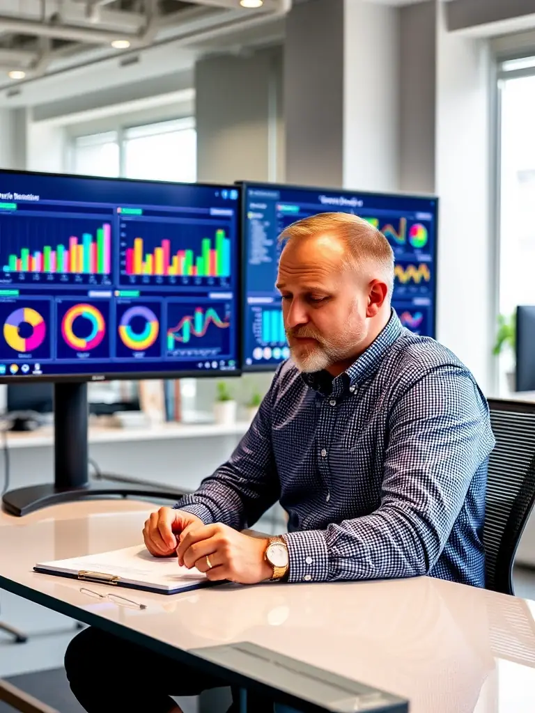 A focused image of Mark Thompson, Lead Consultant at OrionLink, working on a strategic plan with charts and graphs displayed on a large monitor in the background.