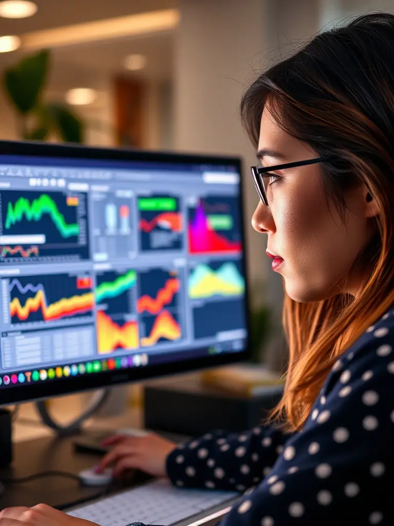 A close-up shot of Sarah Lee, Data Analyst at OrionLink, analyzing complex data sets on a computer screen, with data visualizations and statistical models visible.