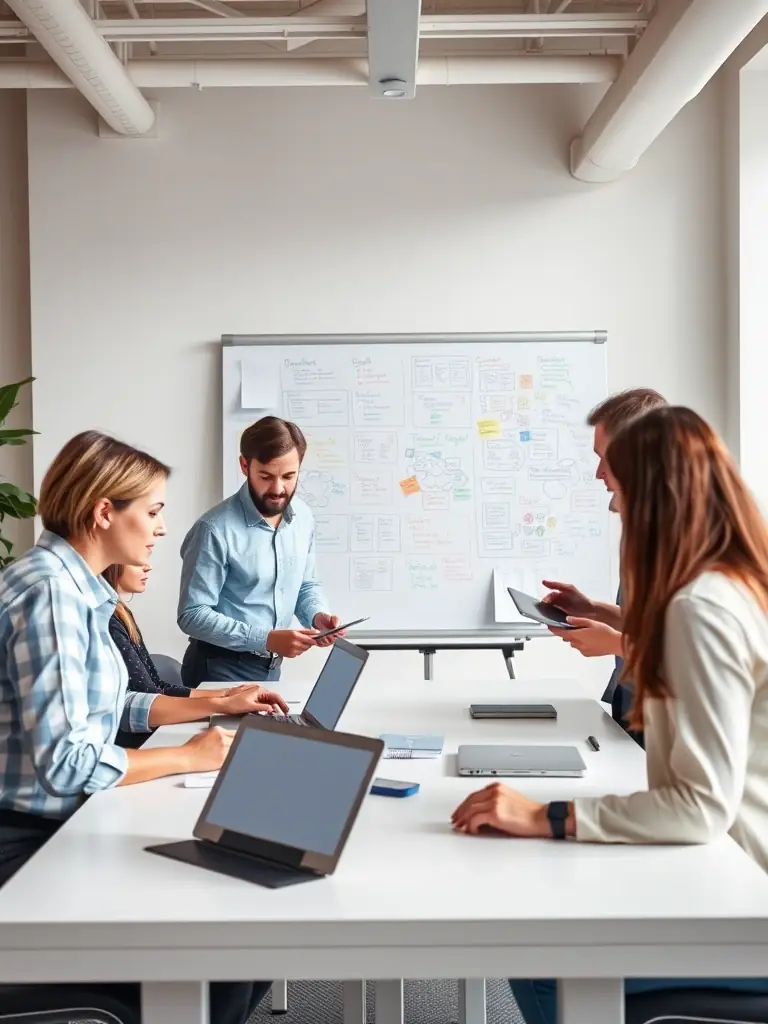 A dynamic image showcasing a team of OrionLink consultants collaborating on technology integration, with laptops, tablets, and a whiteboard filled with diagrams and notes.