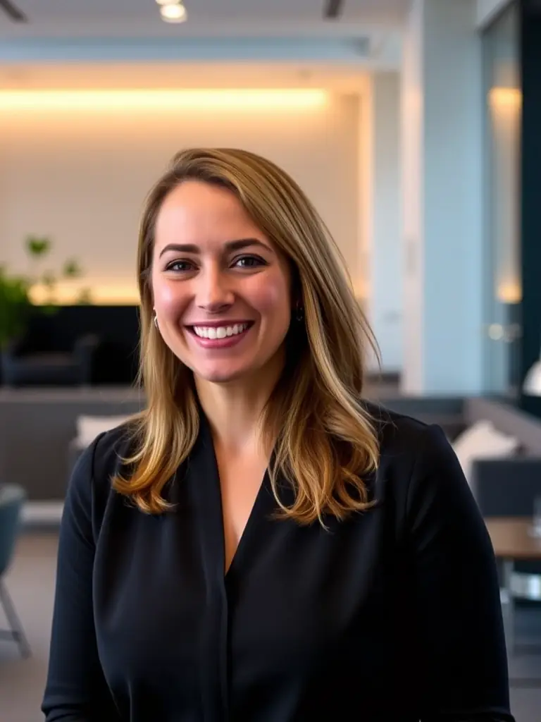 A professional headshot of Alice Johnson, CEO of OrionLink, smiling confidently in a modern office setting. She is wearing a business suit and has a friendly expression.