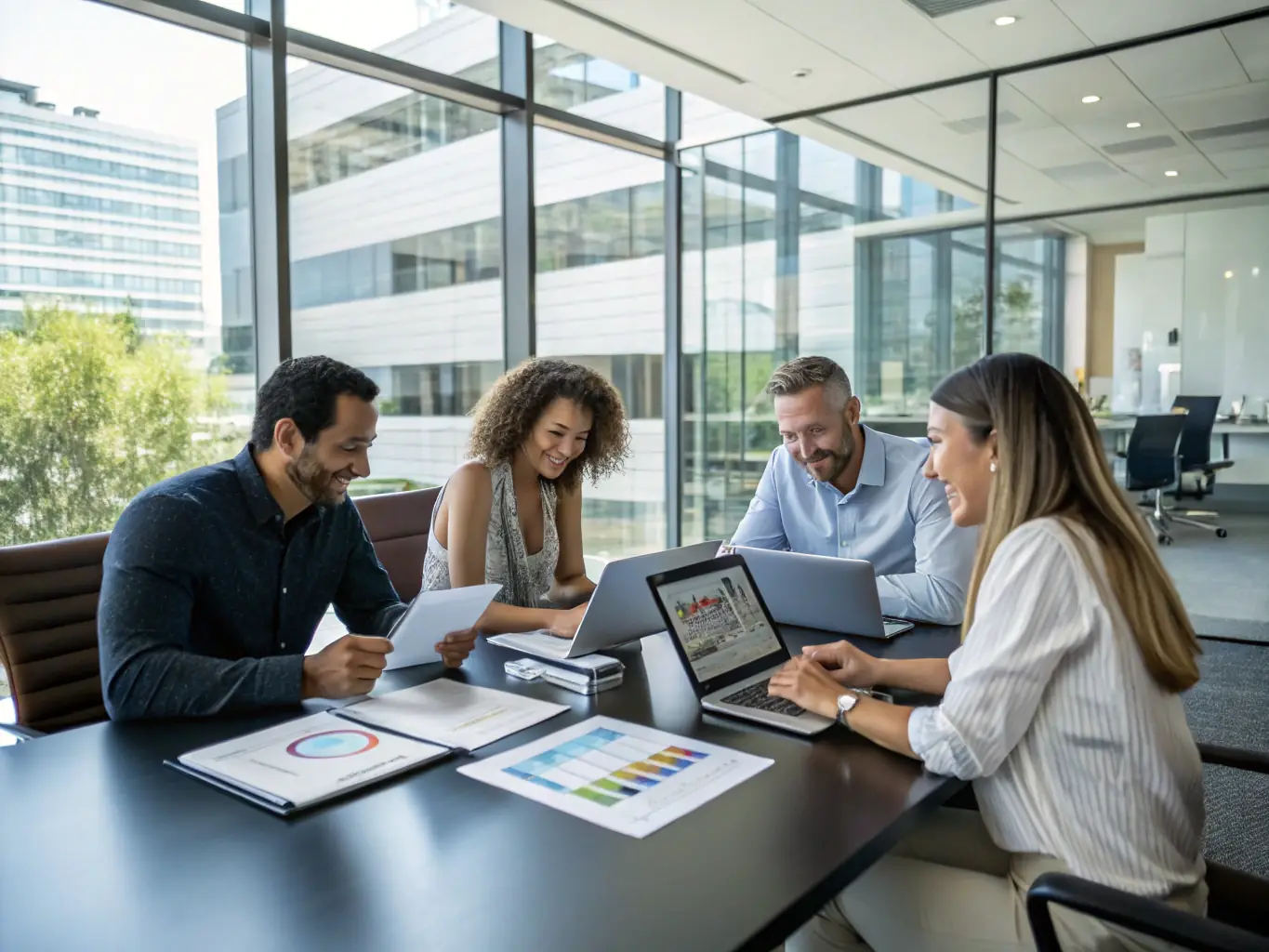 An image depicting a team of consultants brainstorming strategies in a modern office setting, representing OrionLink's strategic consulting expertise.