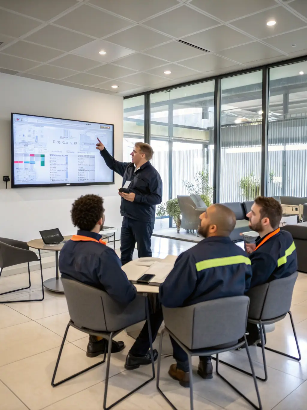 A consultant in a suit, smiling confidently while presenting a strategic plan to a team in a modern office setting, emphasizing data-driven decision-making.