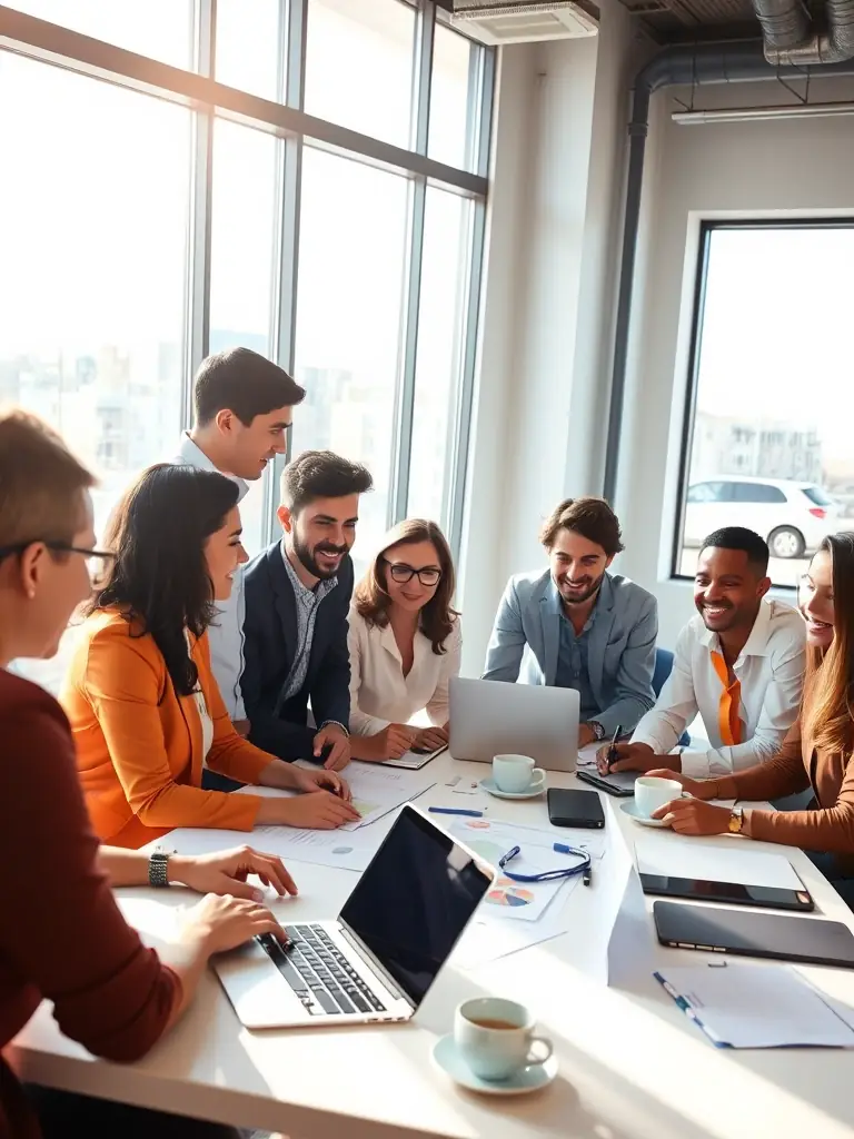 A diverse team collaborating on a project, using digital tools and data analytics to optimize operational processes in a bright, open office.