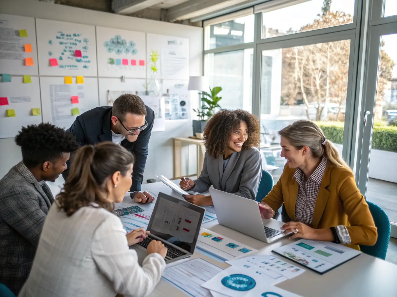 A professional image of a diverse team of consultants collaborating on a project, showcasing OrionLink's collaborative approach.
