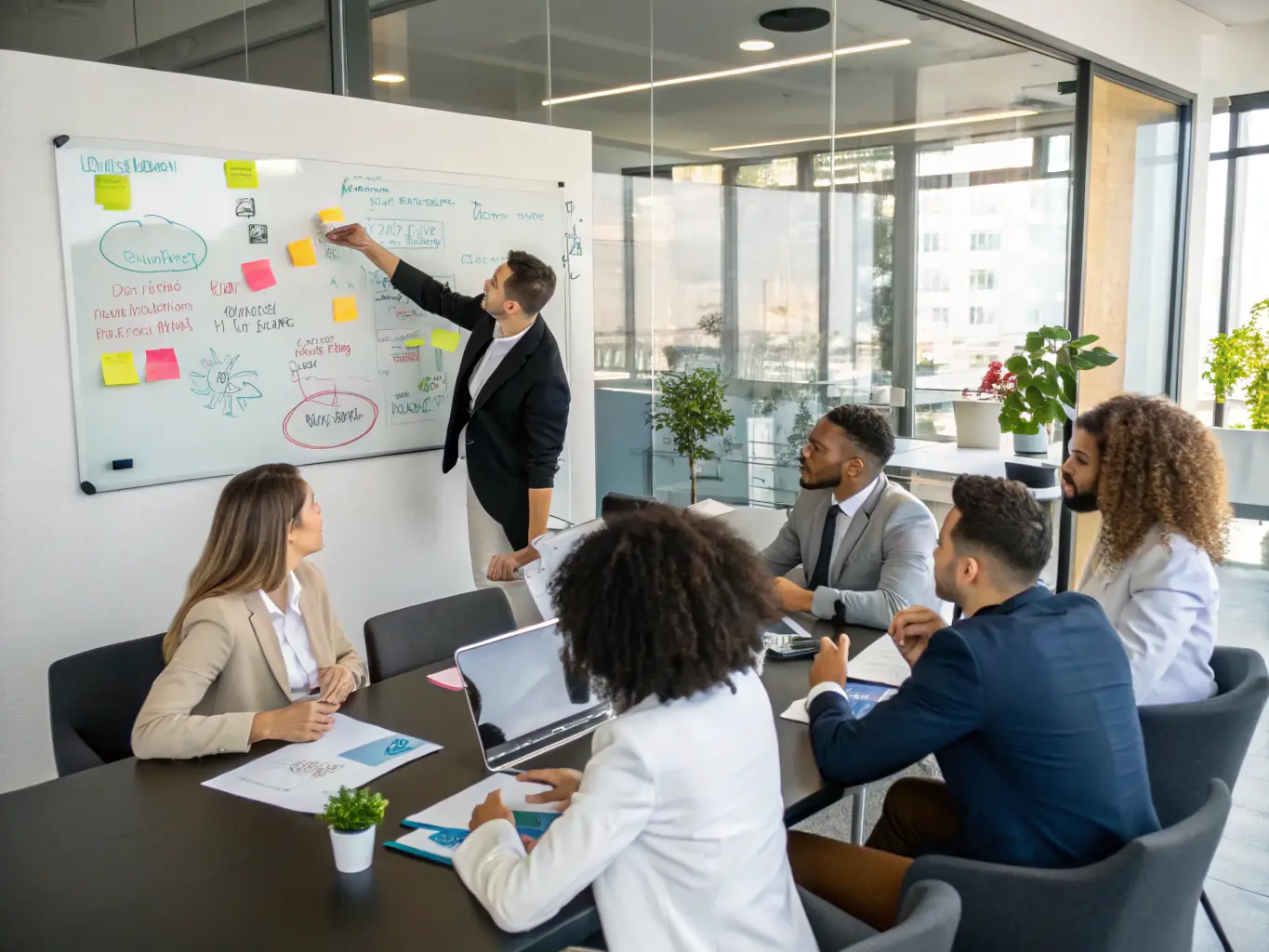 A professional image of a diverse team of consultants collaborating on a digital project, symbolizing OrionLink's collaborative and innovative approach.