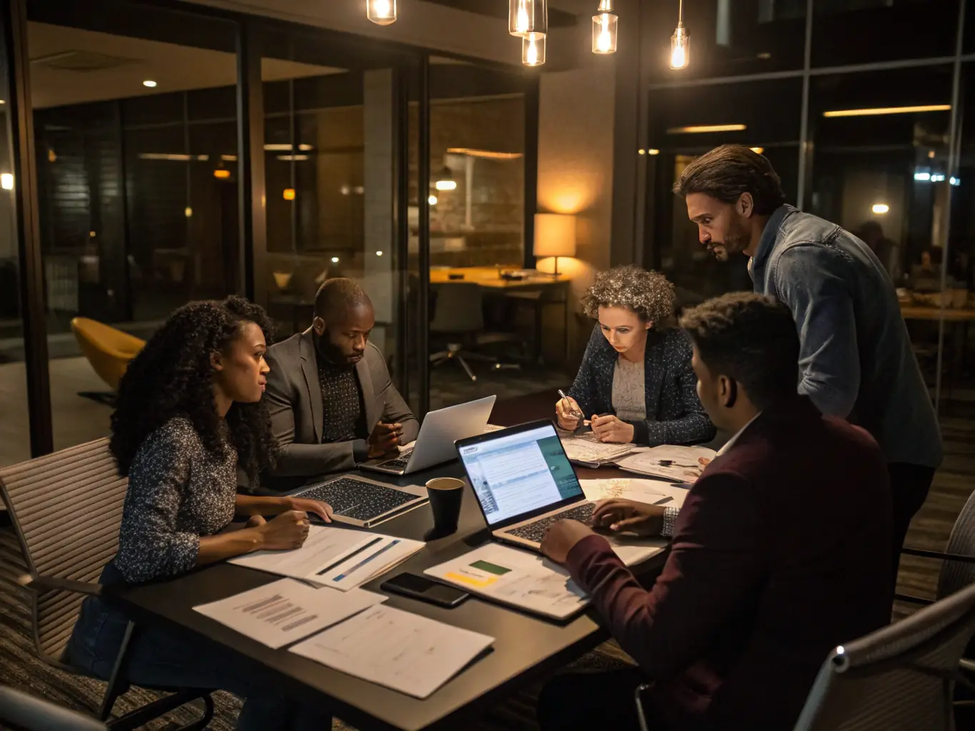 An image depicting a team of consultants brainstorming strategies in a modern office setting, representing OrionLink's Strategic Consulting service.